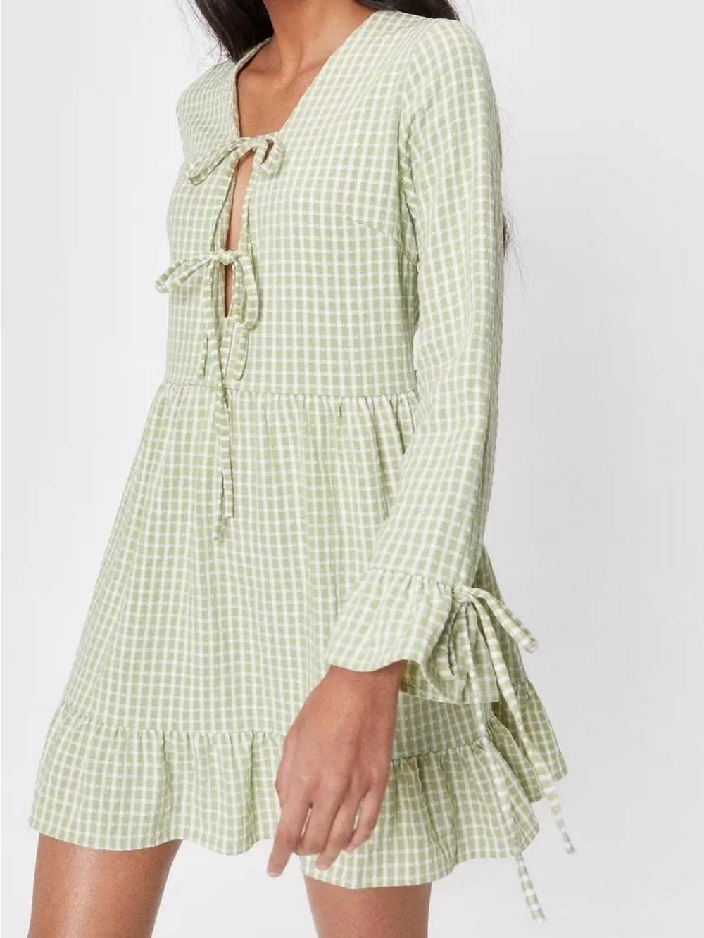 Nasty Gal Green Gingham Tie Front Mini Dress Size 6